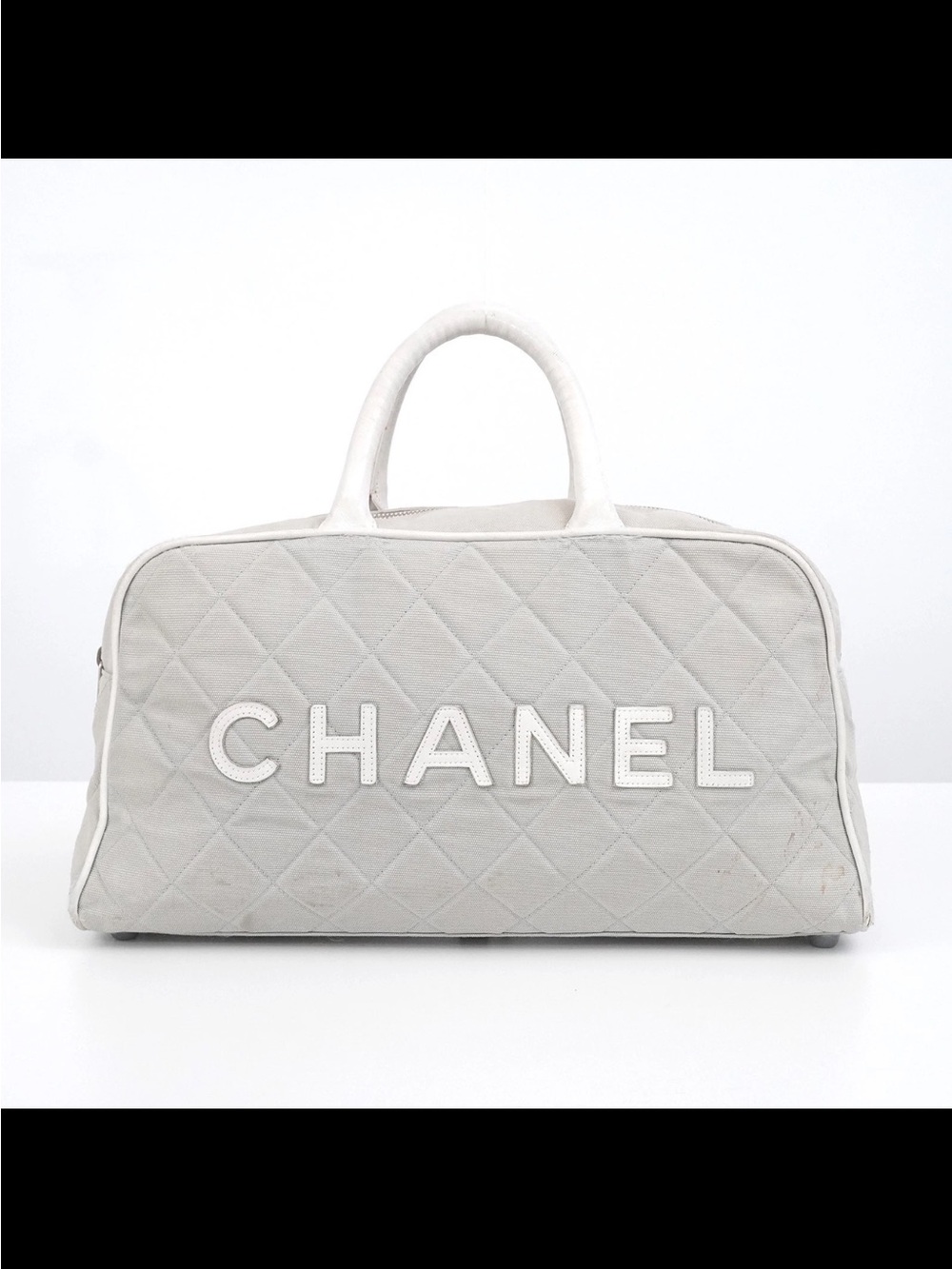 CHANEL Sports Line Matelasse Canvas Mini Boston Bag Light Gray Authentic